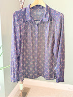 GT-0186 Pendleton Floral Sheer Blouse 12 Navy High Neck Button Back Long Sleeve