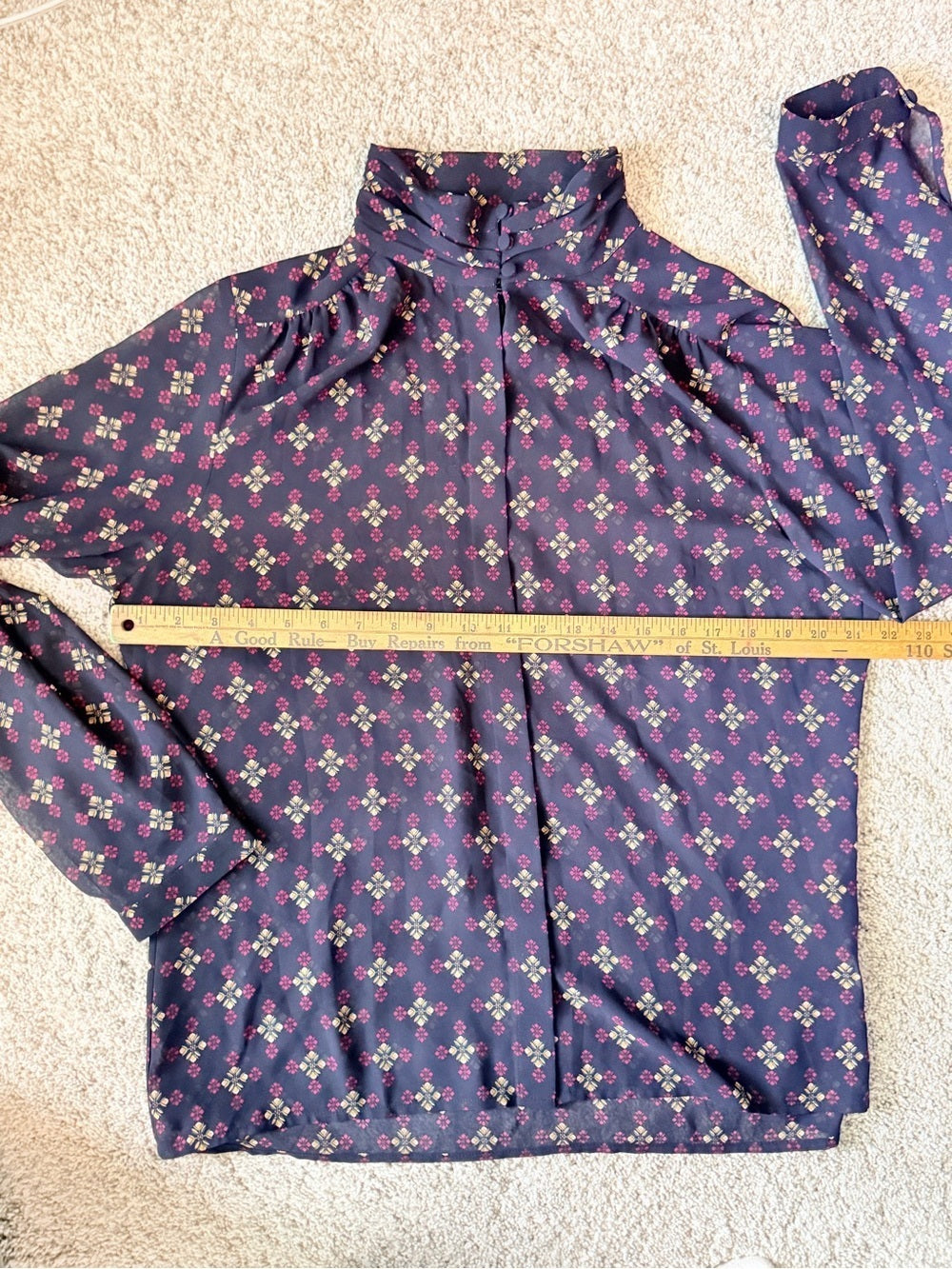 GT-0186 Pendleton Floral Sheer Blouse 12 Navy High Neck Button Back Long Sleeve