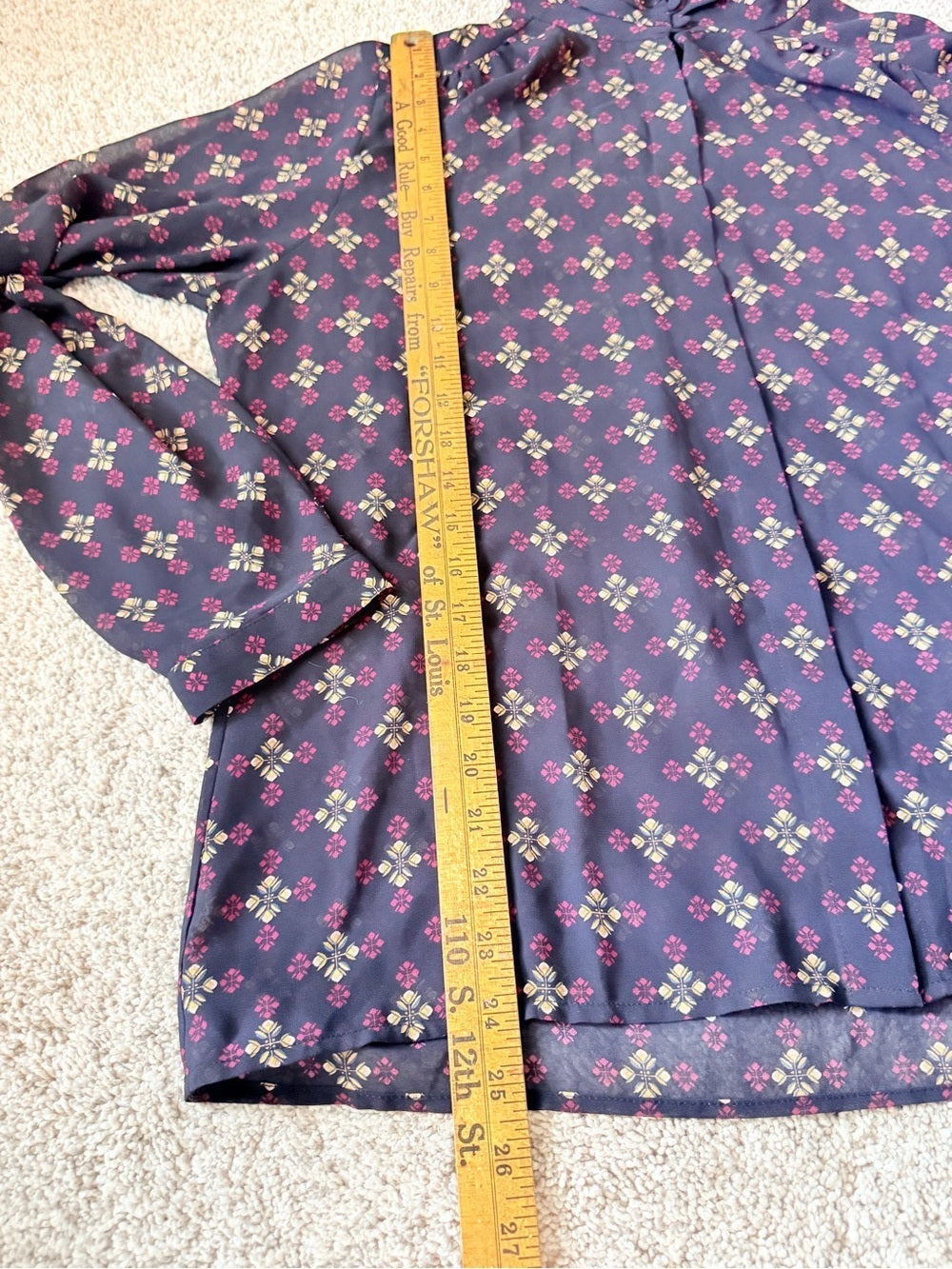 GT-0186 Pendleton Floral Sheer Blouse 12 Navy High Neck Button Back Long Sleeve