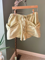 GT-0176 Free People Linen Blend Pull-On Shorts Warm Olive M Oversized Pockets