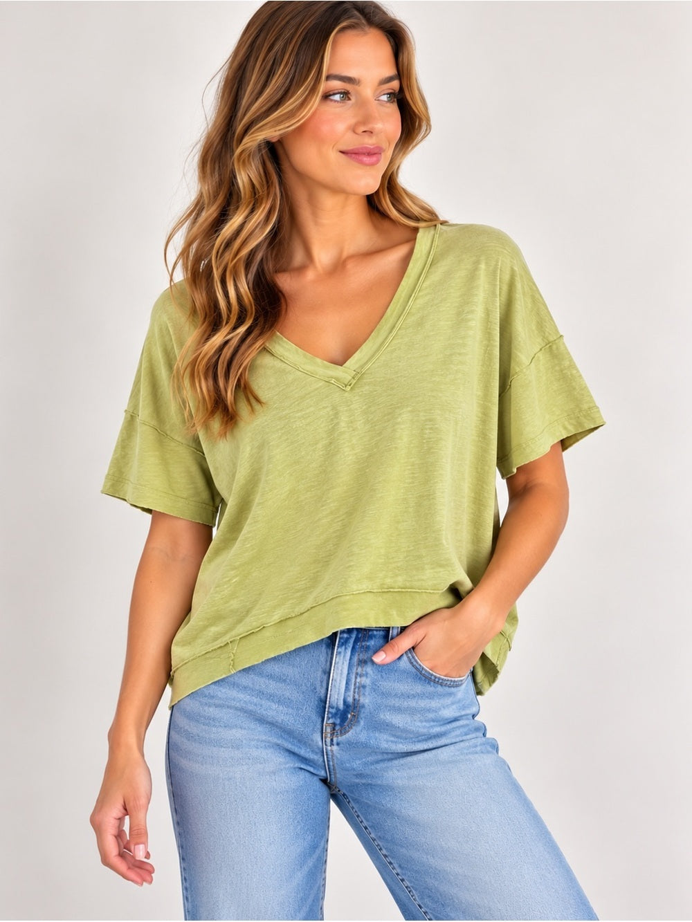 GT-0185 Double Zero Chartreuse Green V-Neck Relaxed Slub Knit Tee Size Small