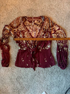0031-Free People Burgundy Floral Tie-Front Blouse Size Small