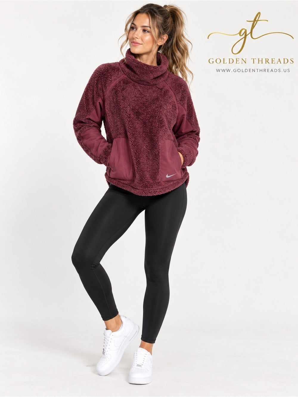 Nike Burgundy Sherpa Fleece Pullover Funnel Neck Sweatshirt Size Medium