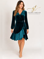 GT-0161 Maison Tara Teal Velvet Faux Wrap Dress 8 Rosette Ruffle Holiday