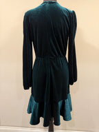 GT-0161 Maison Tara Teal Velvet Faux Wrap Dress 8 Rosette Ruffle Holiday
