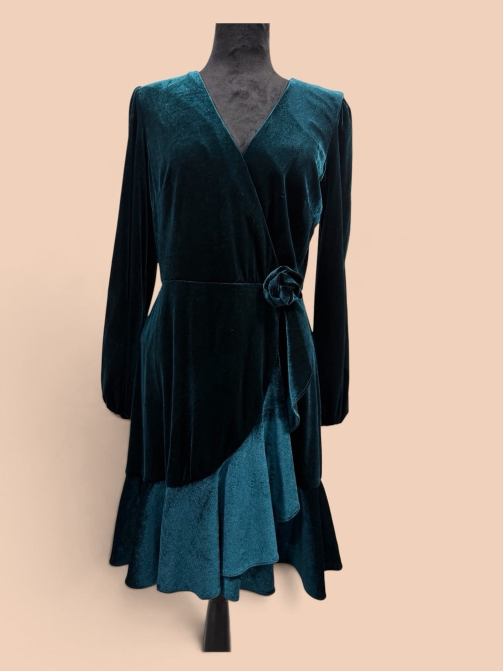 GT-0161 Maison Tara Teal Velvet Faux Wrap Dress 8 Rosette Ruffle Holiday