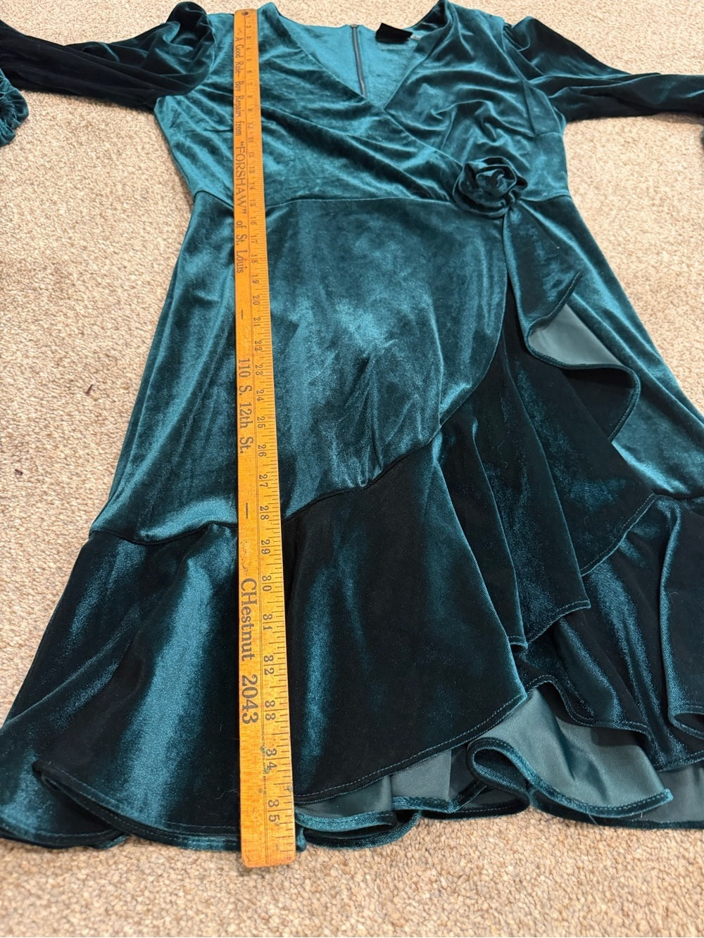 GT-0161 Maison Tara Teal Velvet Faux Wrap Dress 8 Rosette Ruffle Holiday