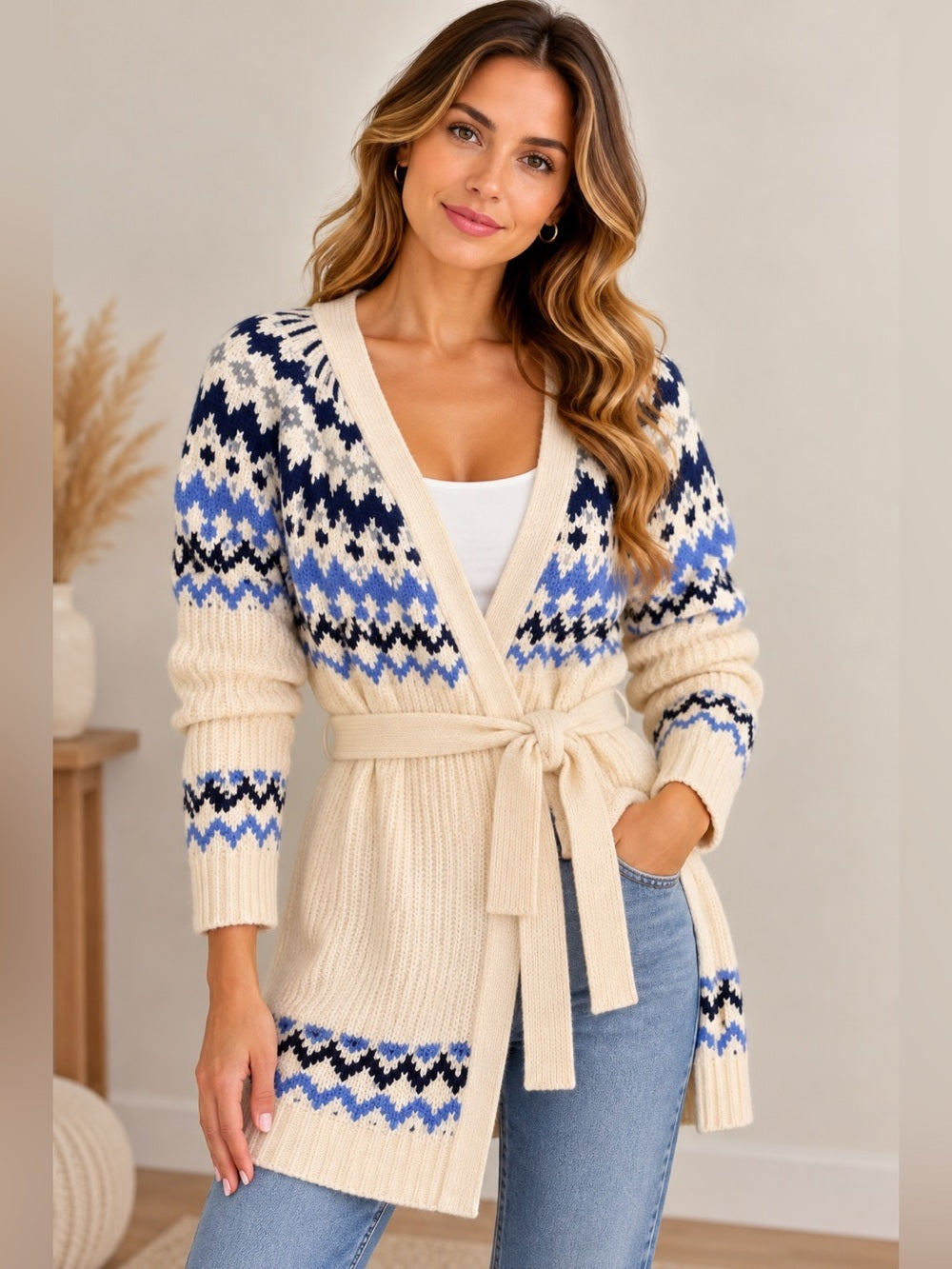 St. John’s Bay Fair Isle Belted Cardigan Sweater NWT Size L