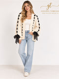 Altar’d State Cream Cable Knit Cardigan Size S Black Ribbon Bow Lace Up Sweater