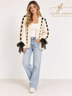 Altar’d State Cream Cable Knit Cardigan Size S Black Ribbon Bow Lace Up Sweater