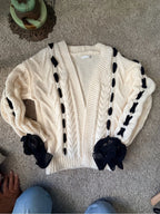Altar’d State Cream Cable Knit Cardigan Size S Black Ribbon Bow Lace Up Sweater