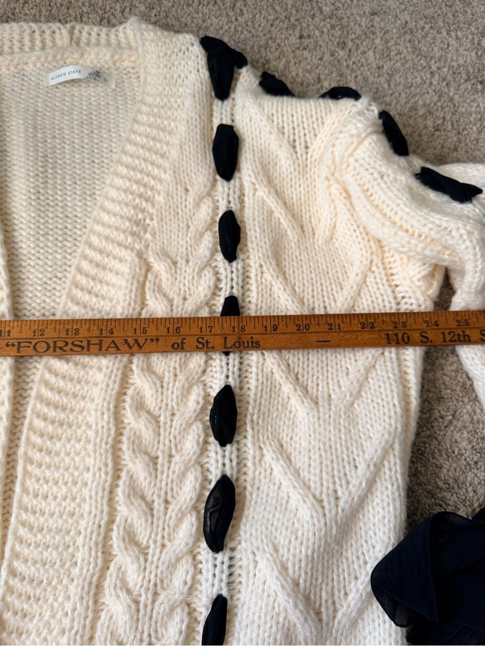 Altar’d State Cream Cable Knit Cardigan Size S Black Ribbon Bow Lace Up Sweater