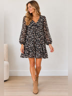 GT-0040 MELODAY Women’s Large Black Floral Tiered Mini Dress V-Neck