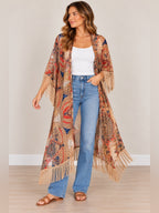 GT-0051 | Long Boho Printed Fringe Kimono Duster Open Front