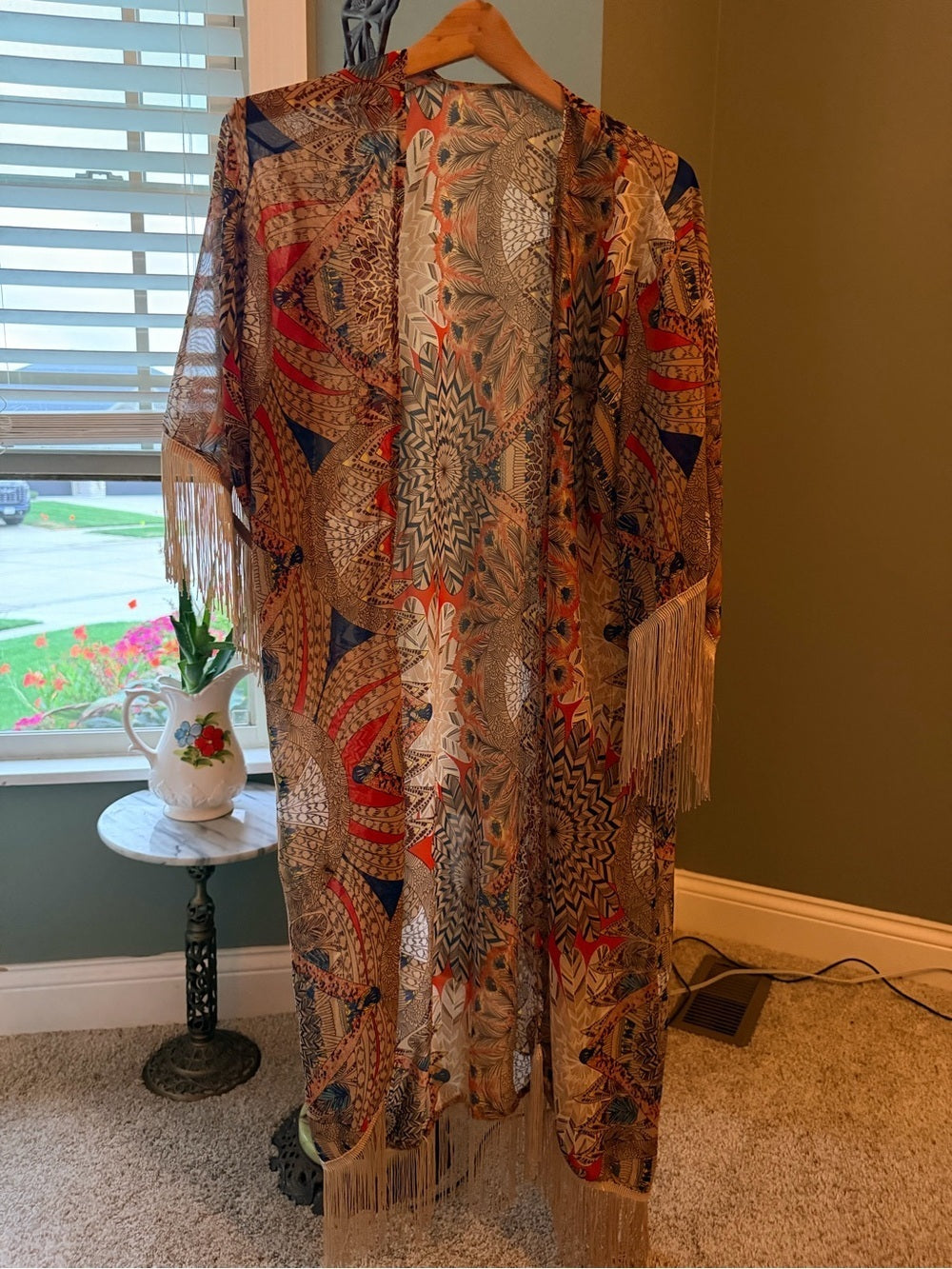 GT-0051 | Long Boho Printed Fringe Kimono Duster Open Front
