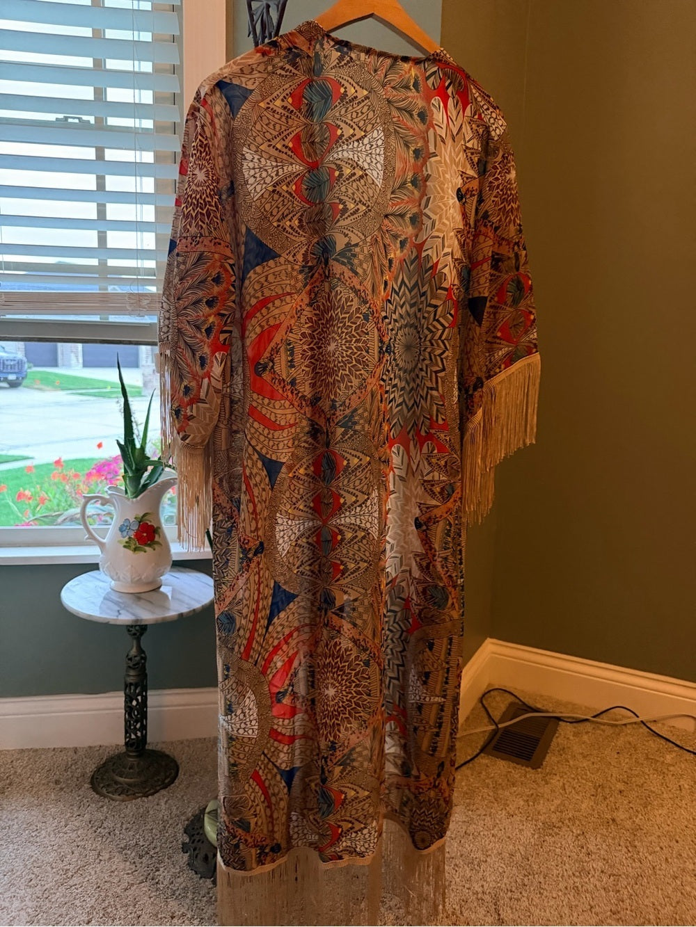 GT-0051 | Long Boho Printed Fringe Kimono Duster Open Front