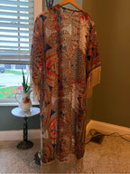 GT-0051 | Long Boho Printed Fringe Kimono Duster Open Front