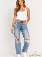 GT-0146 American Eagle Baggy Straight Jeans 00 Light Wash Ripped Y2K