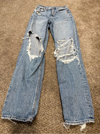 GT-0146 American Eagle Baggy Straight Jeans 00 Light Wash Ripped Y2K