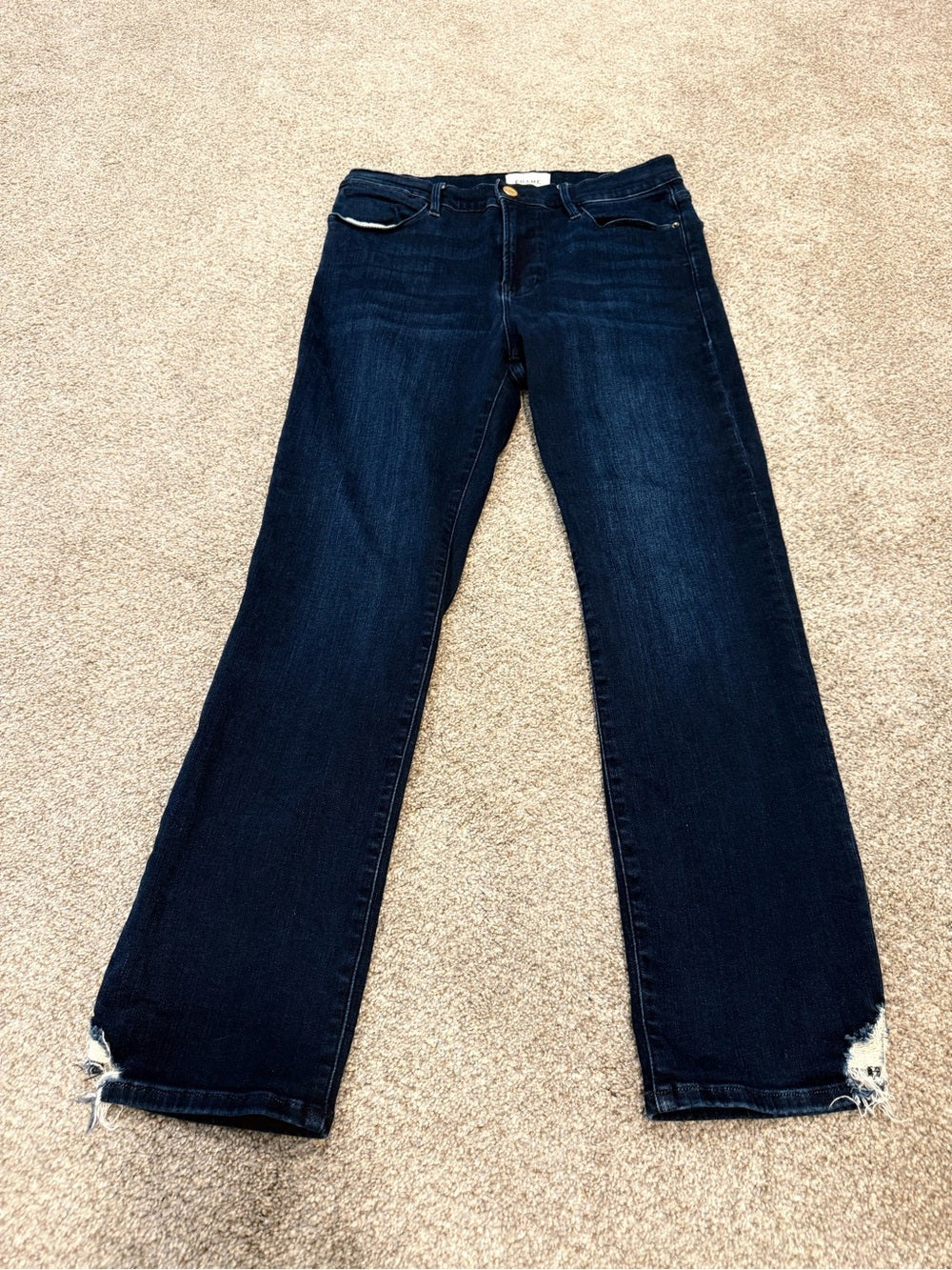 GT-0149 FRAME Le High Straight Jeans 30 Dark Wash Distressed Raw Hem
