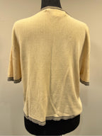 GT-0164 Carlisle 100% Silk Cream Ribbed Knit Top L navy Trim Quiet Luxury
