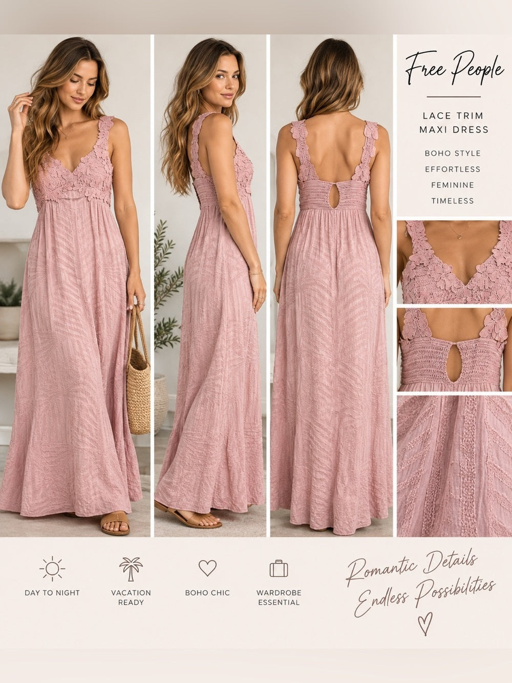 Free People Blush Pink Lace Trim Boho Maxi Dress Size M