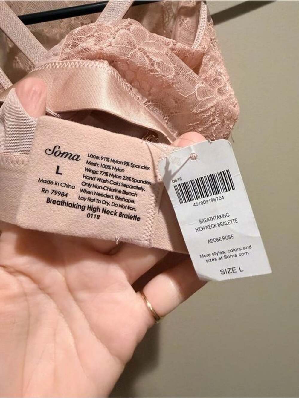 0014-Soma Breathtaking High Neck Lace Bralette Adore Rose Size L NWT