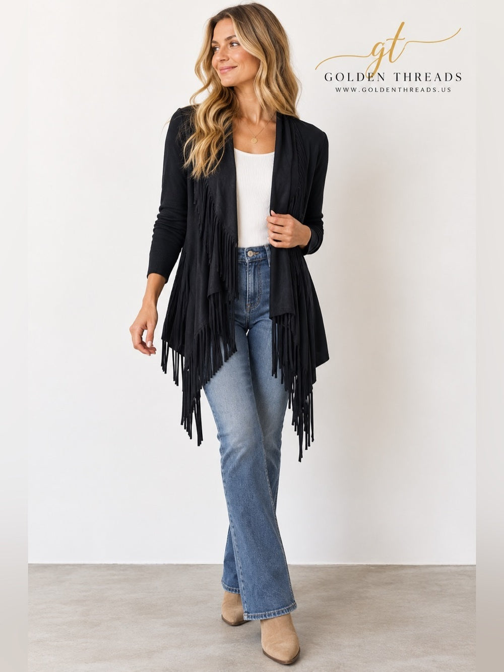 0007 -INC International Concepts 1X Black Faux Suede Fringe Open Front Cardigan