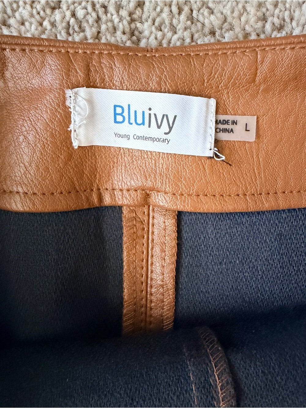 GT-0093 Bluivy Cognac Faux Leather Mini Skirt L Brown Paneled