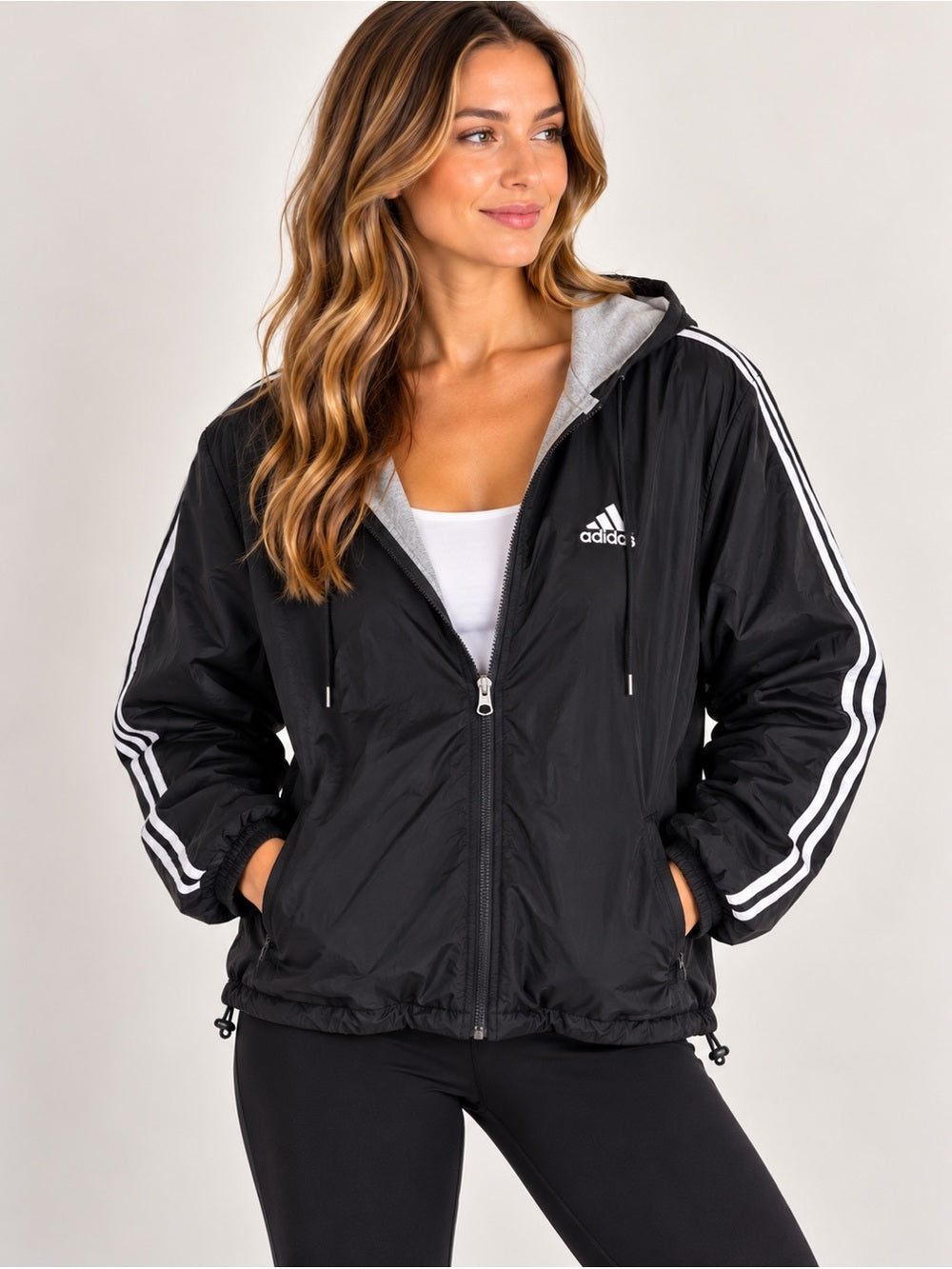 Vintage Adidas Reversible Hooded Jacket Black Gray 3-Stripe Size M