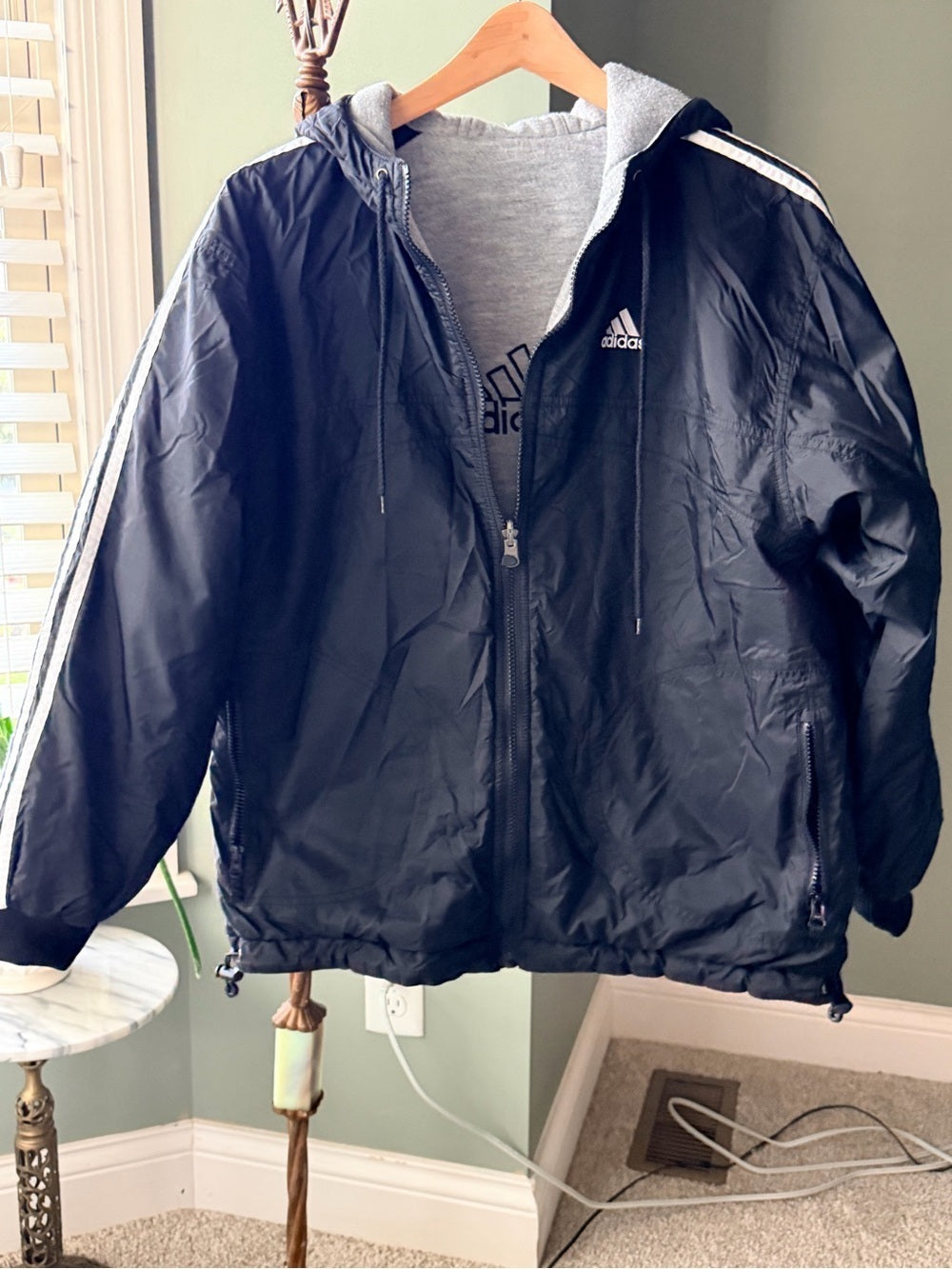 Vintage Adidas Reversible Hooded Jacket Black Gray 3-Stripe Size M