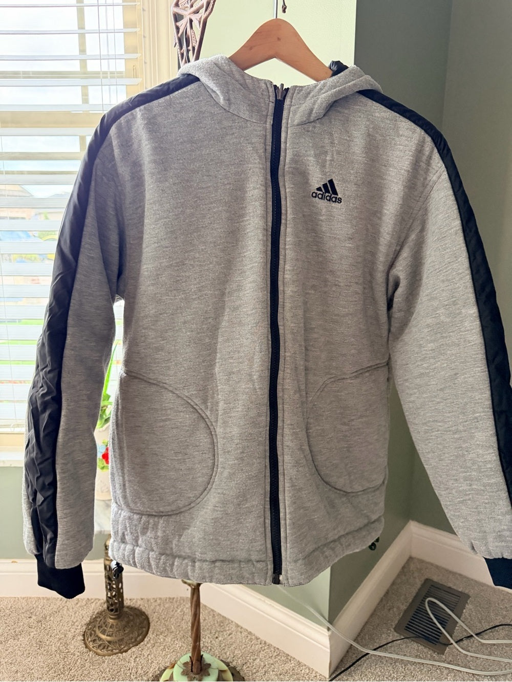 Vintage Adidas Reversible Hooded Jacket Black Gray 3-Stripe Size M