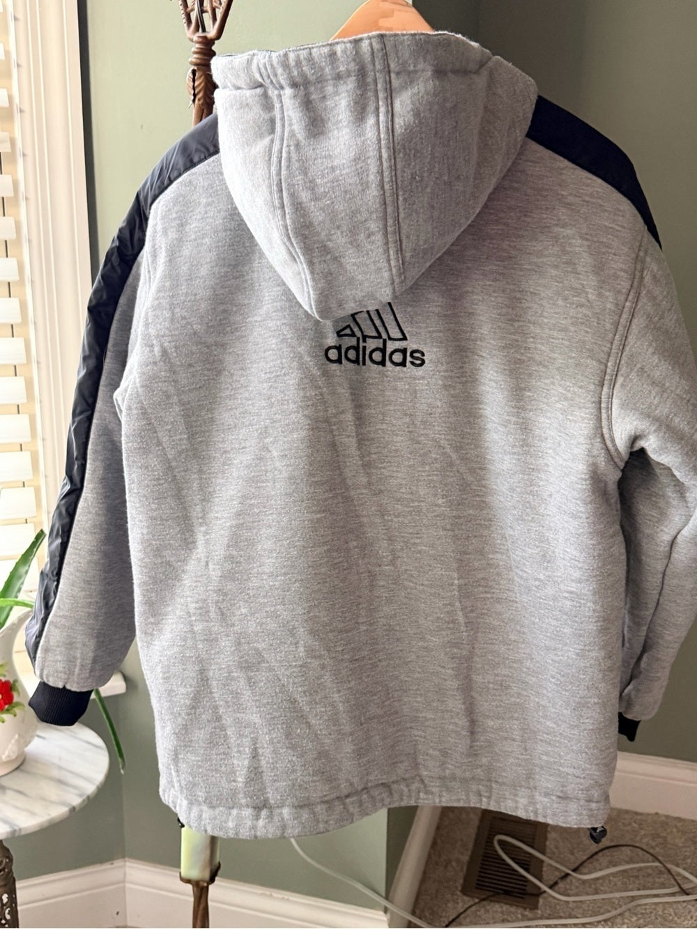 Vintage Adidas Reversible Hooded Jacket Black Gray 3-Stripe Size M