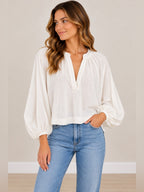 GT-0149 Maeve Anthropologie White Split Neck Balloon Sleeve Blouse M Boho