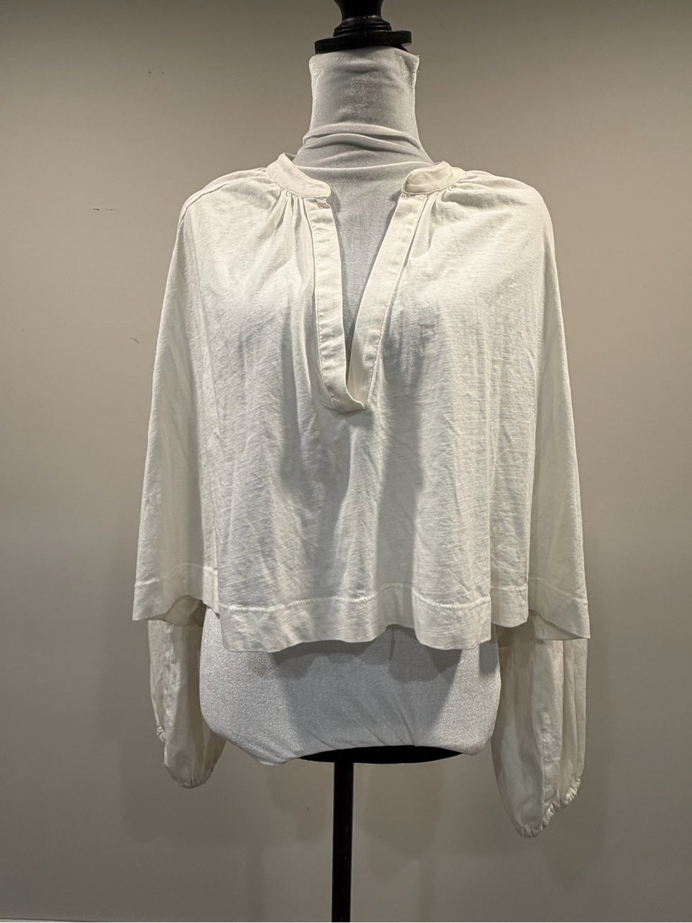 GT-0149 Maeve Anthropologie White Split Neck Balloon Sleeve Blouse M Boho