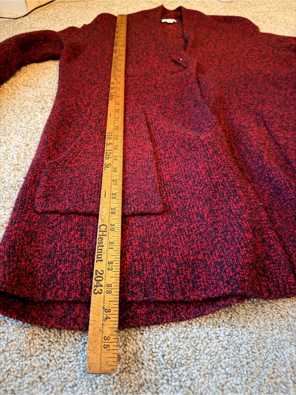 GT-0101 | J.Jill Pure Jill Red Black Marled Wool Blend Long Cardigan XS