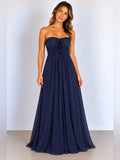 GT-0112 Bill Levkoff Navy Strapless Chiffon Maxi Gown 12 Floral Sweetheart