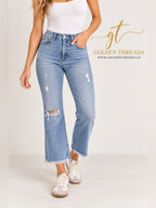 GT-0103 LOFT High Waist Flare Crop Jeans 30/10 Distressed Raw Hem Light Wash