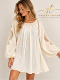 GT-0165 H&M Cream Boho Embroidered Crochet Sleeve Shift Dress M Peasant