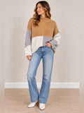 GT-0167 Angashion Colorblock Mock Neck Sweater M Camel Gray Cream Oversized
