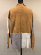 GT-0167 Angashion Colorblock Mock Neck Sweater M Camel Gray Cream Oversized