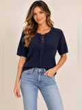 GT-0171 FRAME Navy Lace Up Short Sleeve Textured Cotton Knit Sweater Top S