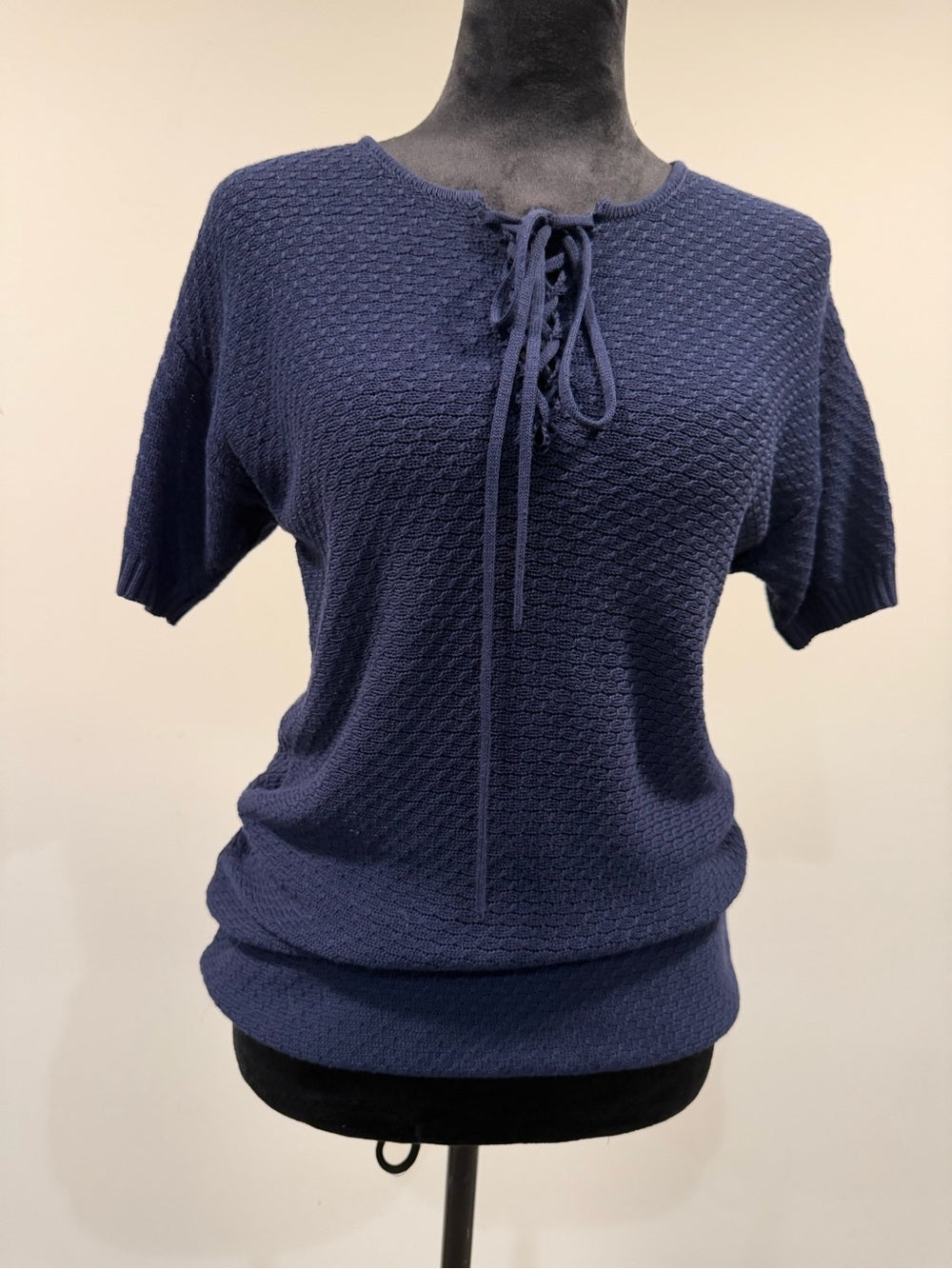 GT-0171 FRAME Navy Lace Up Short Sleeve Textured Cotton Knit Sweater Top S