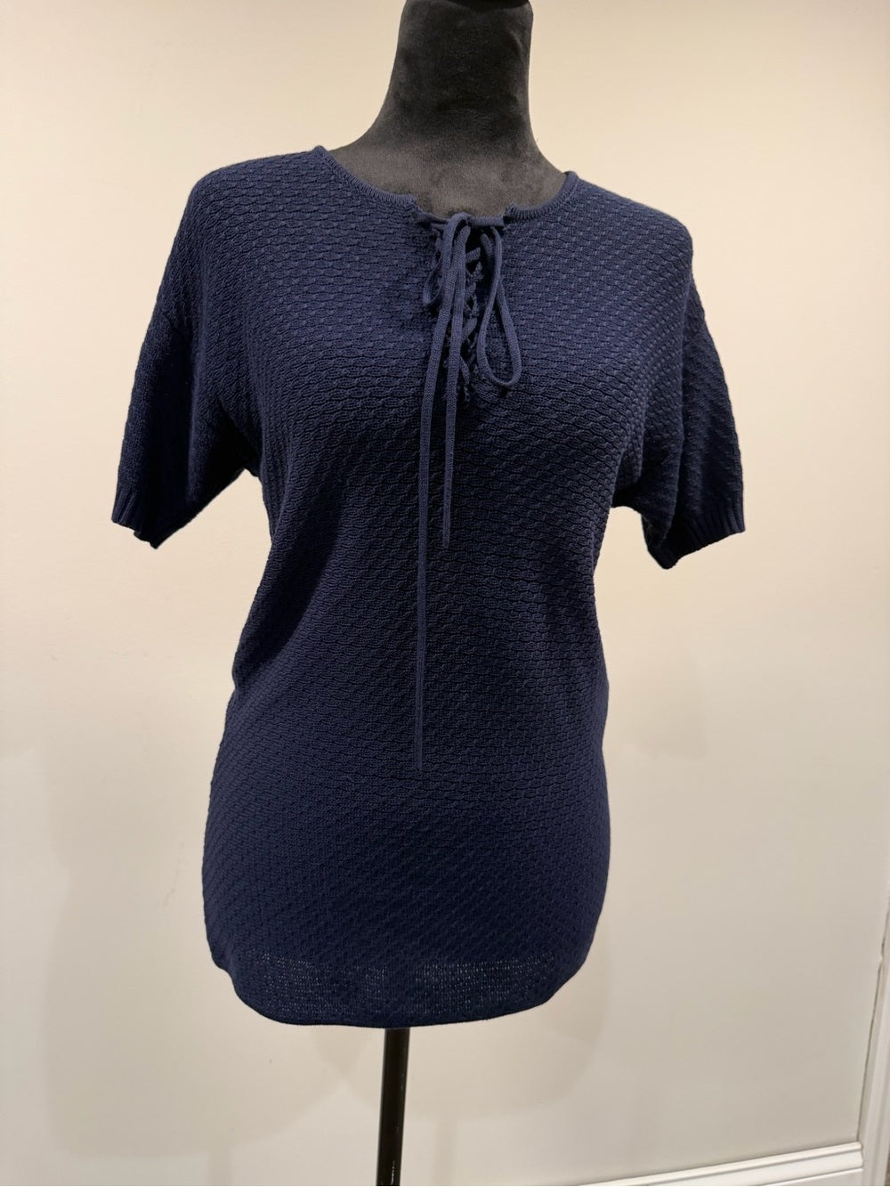 GT-0171 FRAME Navy Lace Up Short Sleeve Textured Cotton Knit Sweater Top S