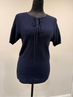 GT-0171 FRAME Navy Lace Up Short Sleeve Textured Cotton Knit Sweater Top S