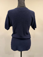 GT-0171 FRAME Navy Lace Up Short Sleeve Textured Cotton Knit Sweater Top S