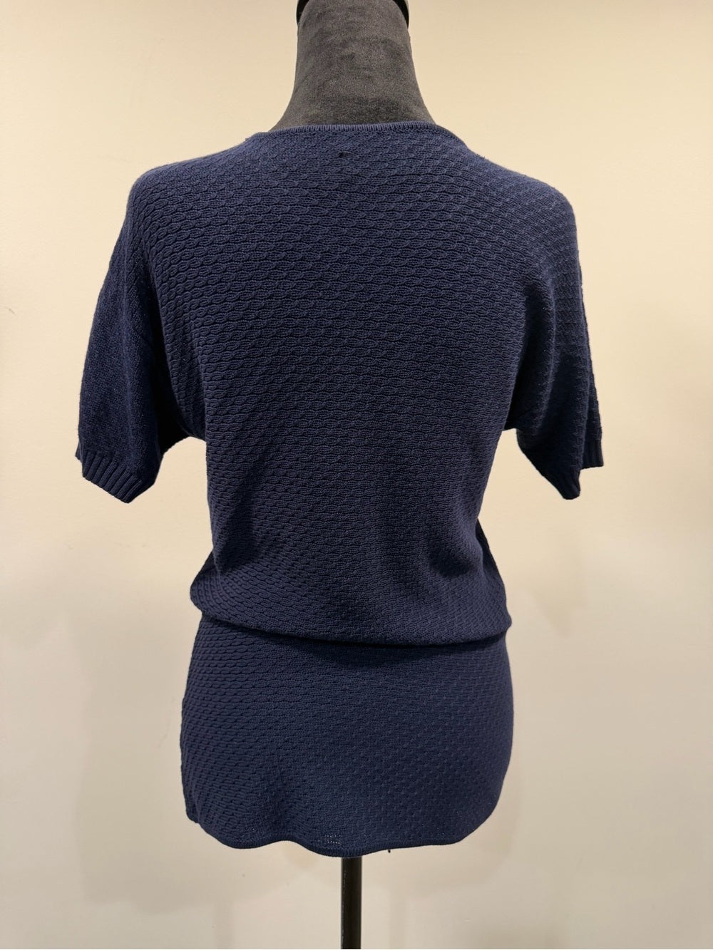 GT-0171 FRAME Navy Lace Up Short Sleeve Textured Cotton Knit Sweater Top S