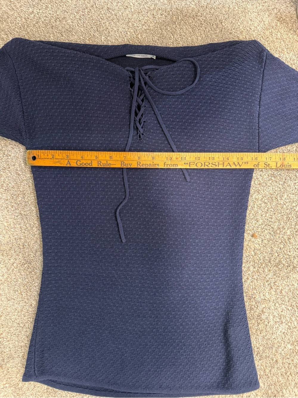 GT-0171 FRAME Navy Lace Up Short Sleeve Textured Cotton Knit Sweater Top S