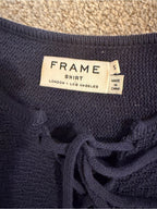 GT-0171 FRAME Navy Lace Up Short Sleeve Textured Cotton Knit Sweater Top S