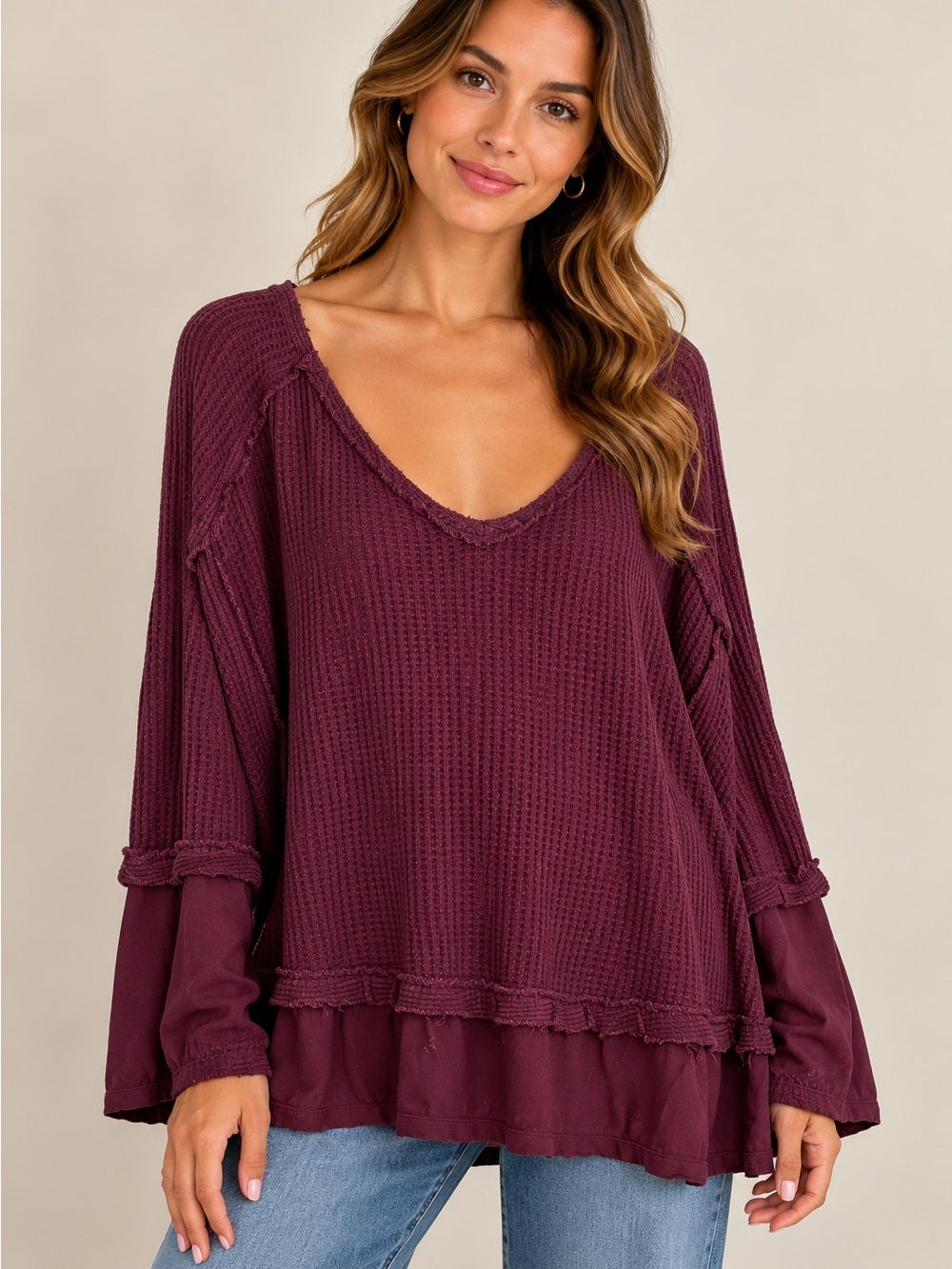 0033-Free People We The Free Burgundy Waffle Knit Mixed Media Top Size Medium